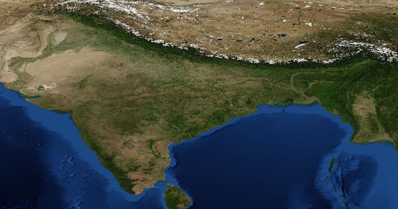 India regional satellite composite with shaded relief