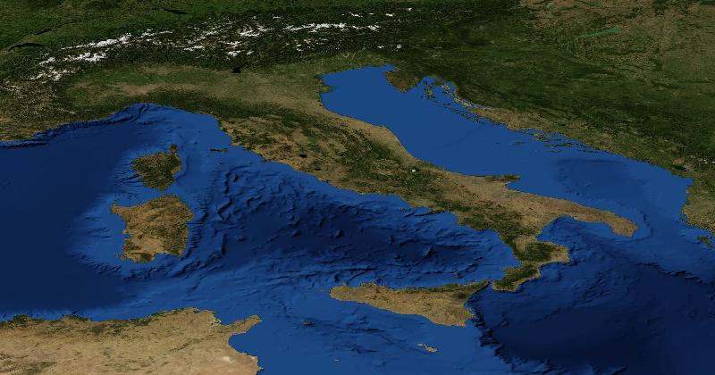 Italy regional satellite composite with shaded relief
