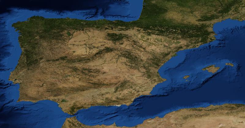 Spain regional satellite composite with shaded relief